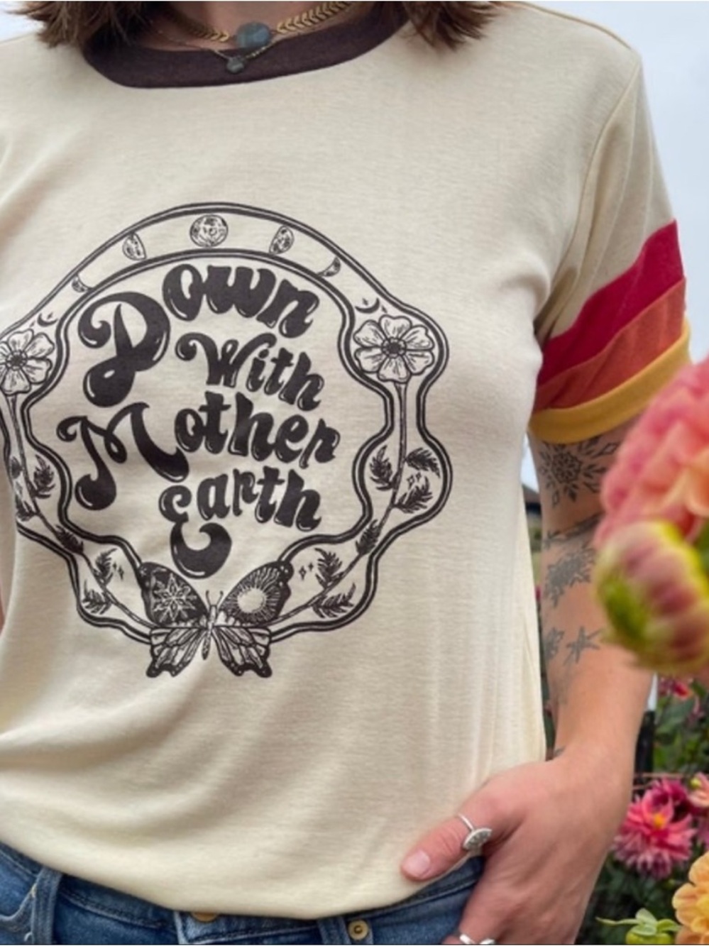 Lunar Babes - "Down With Mother Earth" Crew Neck Contrast Sleeve Ringer Tee